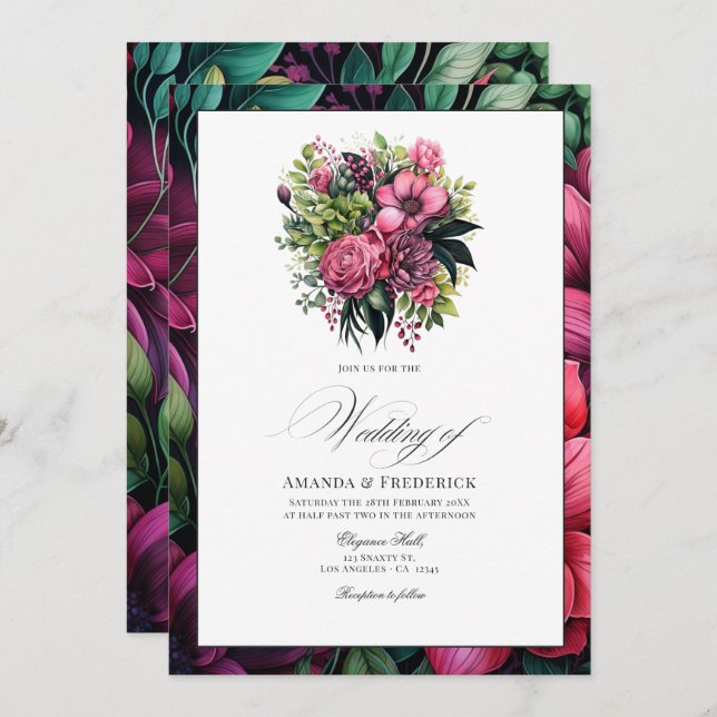 Fuchsia, Emerald Green and Black Floral Wedding Invitation (Front/Back)