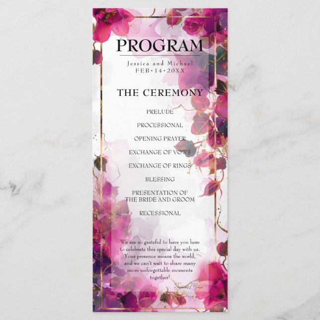Fuchsia Enchantement : programme de mariage aquare (Devant)