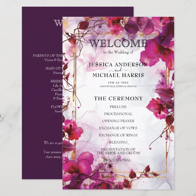 Fuchsia Enchantment: Watercolor Wedding program (Front/Back)