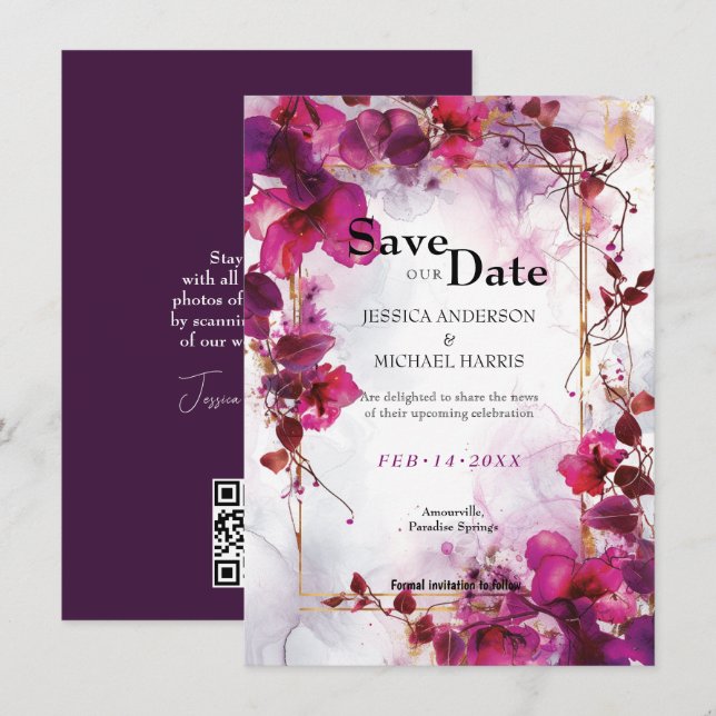 Fuchsia Enchantment: Watercolor Wedding Save The Date (Front/Back)