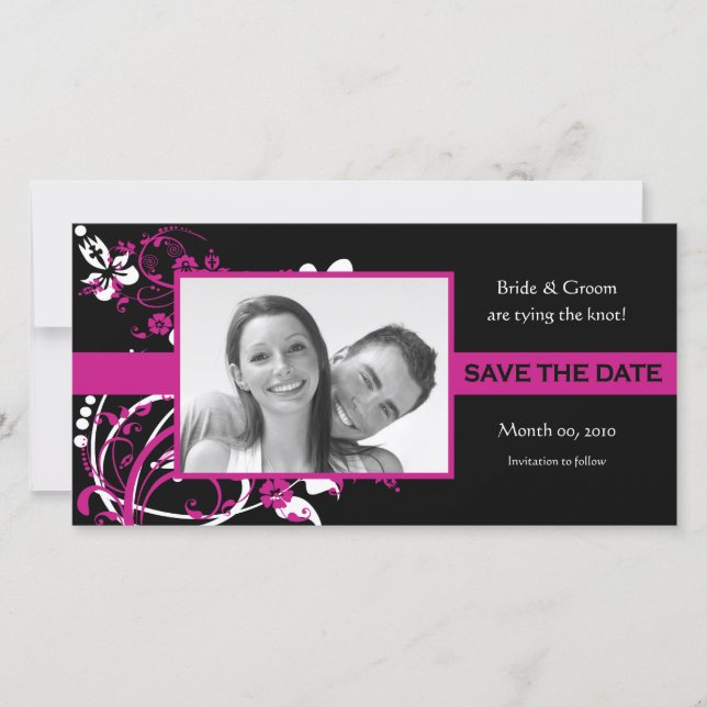 Fuchsia et Black Floral Sauvez la date Carte photo (Devant)