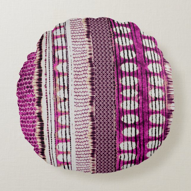 Fuchsia Ethnic Border Abstract Round Pillow (Front)