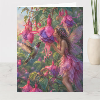 Fuchsia Fairy with hummingbird Card