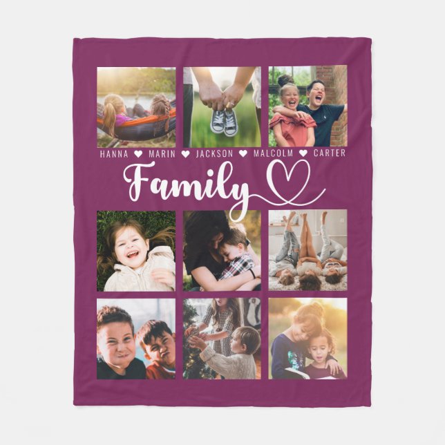 Fuchsia Family Memories Nine Photo Collage Fleece Blanket (Front)