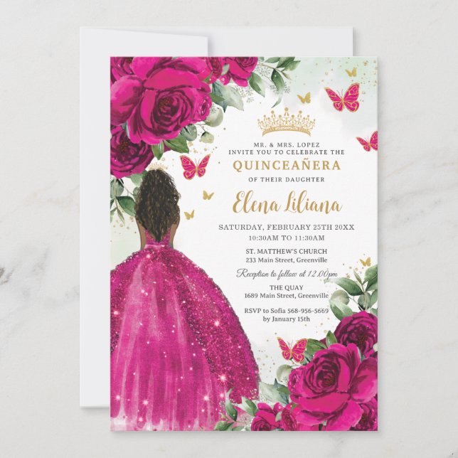 Fuchsia Floral Brown Princess Quinceañera Sweet 16 Invitation (Front)