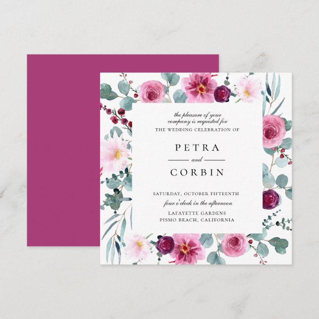 Fuchsia Floral Frame Wedding Invitation (Front/Back)