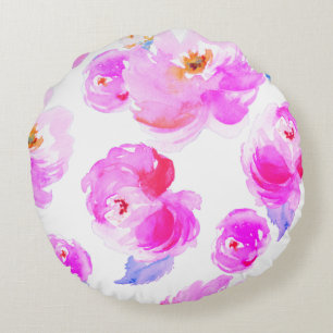 Fuchsia Floral Print Round Pillow