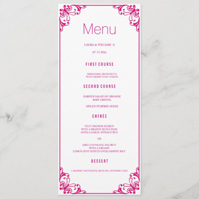 Fuchsia Flourish Wedding Dinner Menu Cards (Front)
