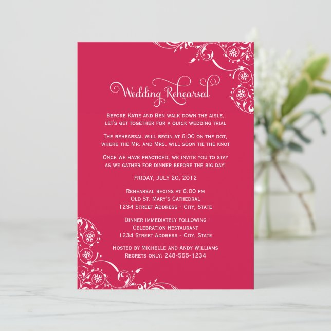 Fuchsia Flourish Wedding Rehearsal Invitation (Standing Front)