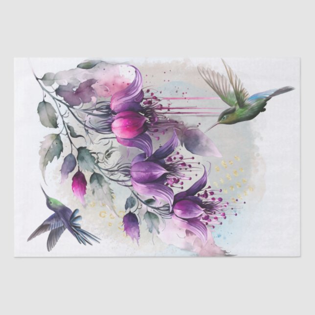 Fuchsia Flower Hummingbird Watercolor Tissue Paper (Front)