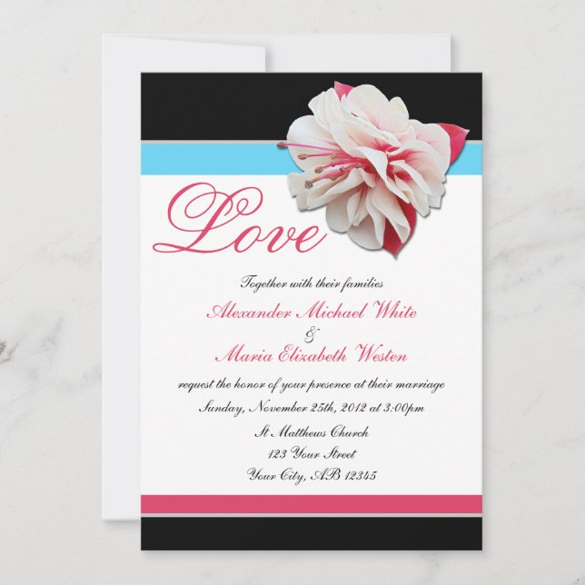 Fuchsia Flower Pink & Aqua Wedding Invitations (Front)