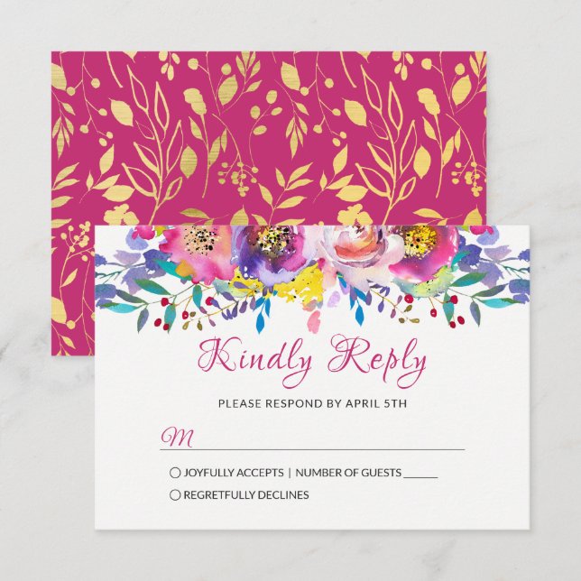 Fuchsia Gold Blossom Floral Wedding RSVP (Devant / Derrière)