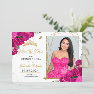 Fuchsia & Gold Quinceañera Save The Date Photo Invitation