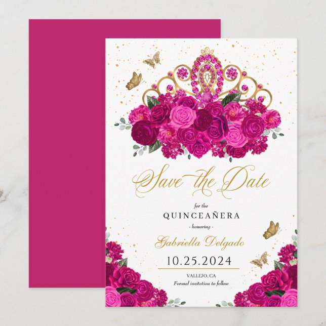 Fuchsia & Gold Tiara Save The Date Quinceañera Invitation (Front/Back)