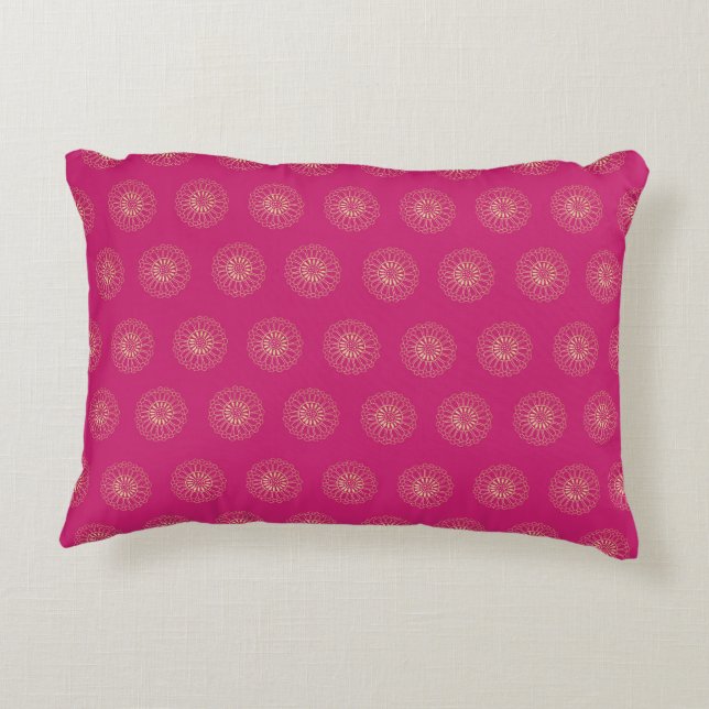 Fuchsia | Golden Zinnia Flower Medallions Accent Pillow (Back)