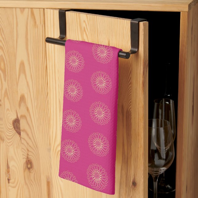 Fuchsia | Golden Zinnia Flower Medallions Kitchen Towel (Thirds Fold)