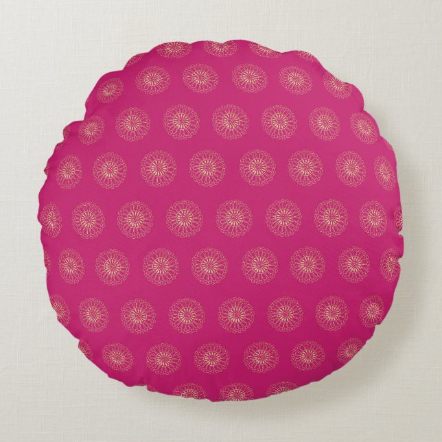 Fuchsia | Golden Zinnia Flower Medallions Round Pillow (Front)