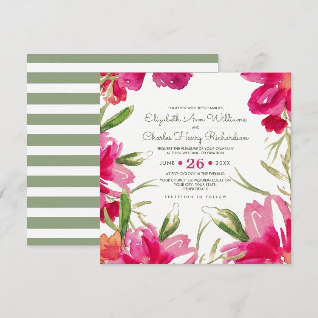 Fuchsia Green Floral Watercolor Wedding Invitation (Front/Back)