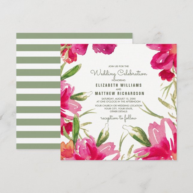 Fuchsia Green Floral Watercolor Wedding Invitation (Front/Back)