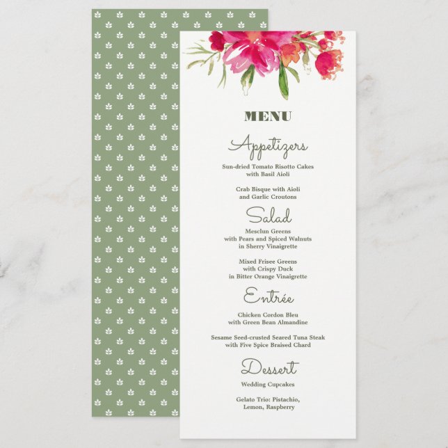 Fuchsia Green Floral Watercolor Wedding Menu Cards (Front/Back)