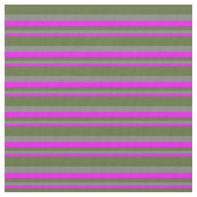 Fuchsia, Grey & Dark Olive Green Coloured Lines Fabric (Close Up)