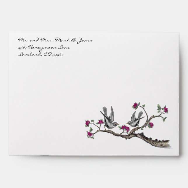 Fuchsia & Grey Vintage Love Birds Flower Envelopes (Front)