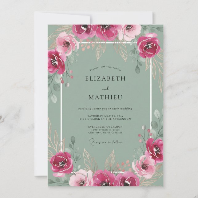 Fuchsia Grey Wildflower Wedding Invitation (Front)