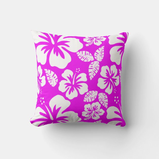Fuchsia Hawaiian Tropical Hibiscus Throw Pillow (Front)