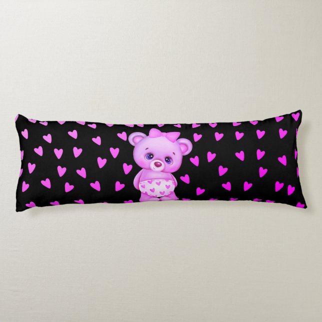 Fuchsia Heart Print Teddy Bear Body Pillow (Back)