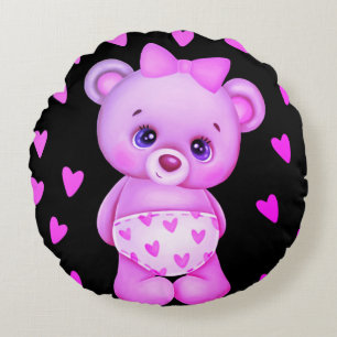 Fuchsia Heart Print Teddy Bear Throw Pillow