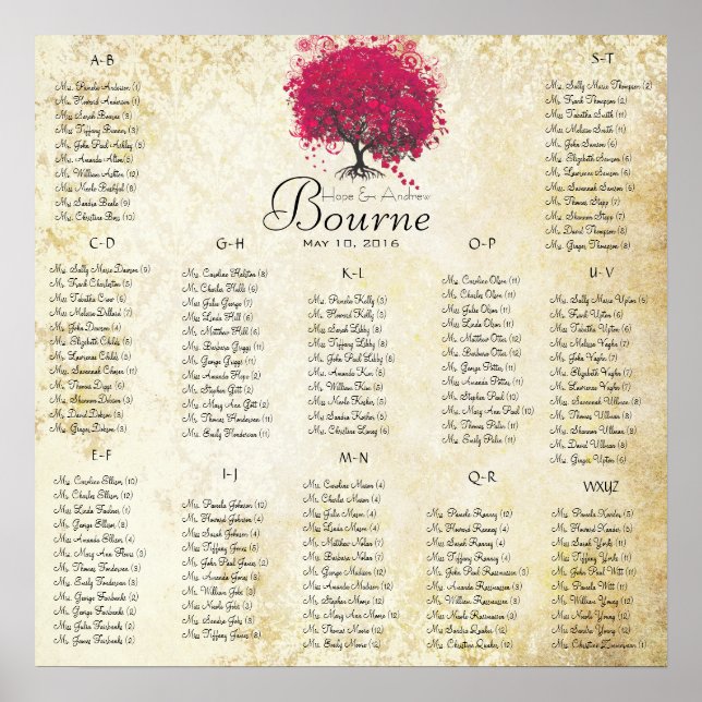 Fuchsia Heart Tree 100 to 150 guests alphabetical Poster (Front)