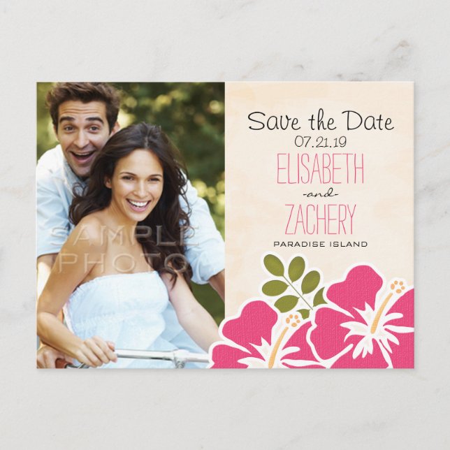 Fuchsia Hibiscus Hawaiian Save the Date Postcards (Front)