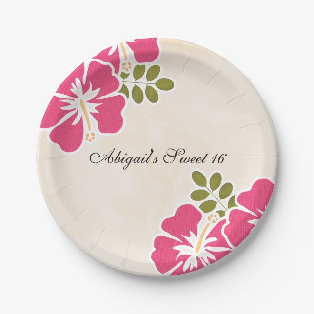 Fuchsia Hibiscus Hawaiian Sweet Sixteen Paper Plate (Front)