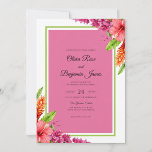Fuchsia Hibiscus Tropical Soft Eucalyptus Wedding Invitation