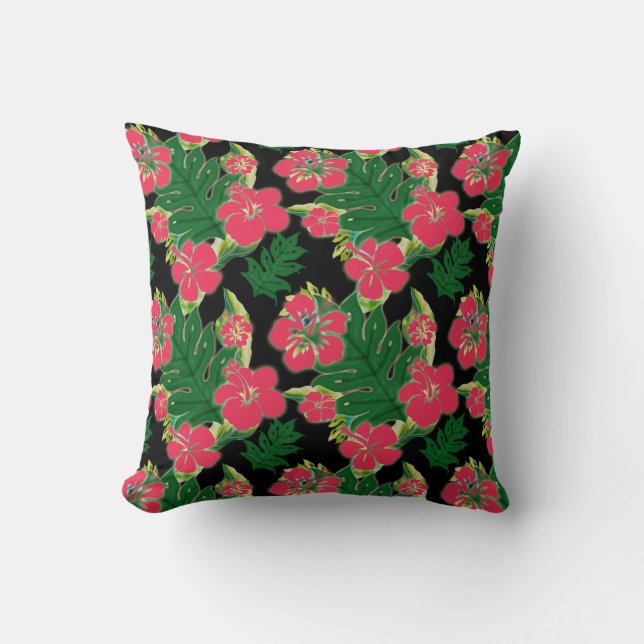 Fuchsia Hibiscus with Banana Leaf Motif Throw Pillow (Front)