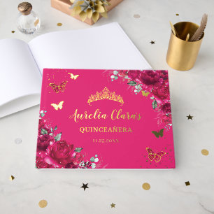 Fuchsia Hot Pink Floral Butterflies QUINCEAÑERA 16 Guest Book