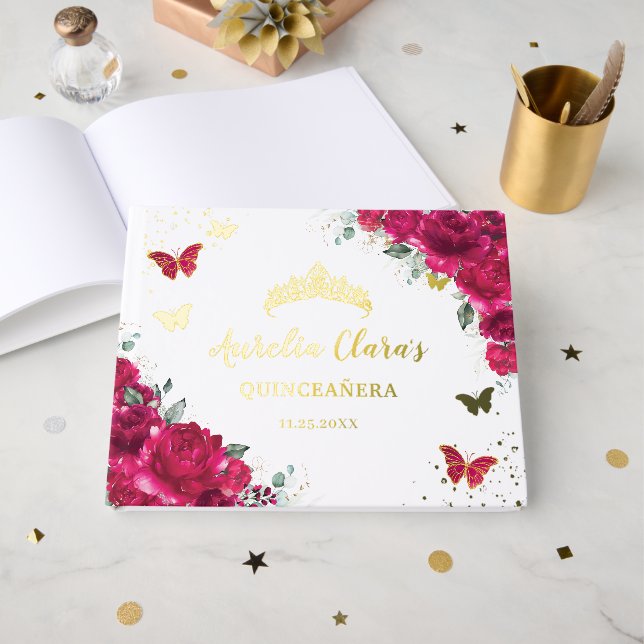 Fuchsia Hot Pink Floral Butterflies QUINCEAÑERA Guest Book (Front Open)