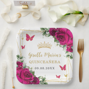 Fuchsia Hot Pink Floral Butterflies Quinceañera Paper Plate