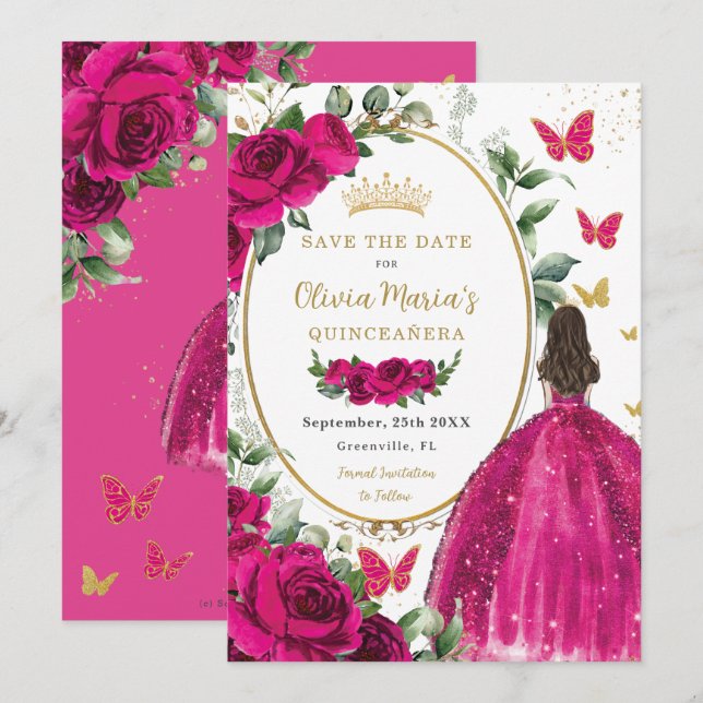 Fuchsia Hot Pink Floral Princess Dress Quinceañera Save The Date (Front/Back)