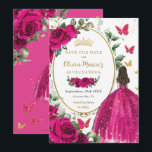 Fuchsia Hot Pink Floral Princess Dress Quinceañera Save The Date<br><div class="desc">Personalize this pretty fuchsia hot pink floral Quinceañera / Sweet 16 birthday save the date easily and quickly. Simply click the customize it further button to edit the texts, change fonts and fonts colours. Featuring a girl dressed in a beautiful glittery fuchsia ball gown, vibrant fuchsia roses, butterflies and a...</div>