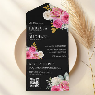Fuchsia Hot Pink Rose Floral QR Code Black Wedding All In One Invitation