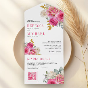 Fuchsia Hot Pink Roses Floral QR Code Wedding All In One Invitation
