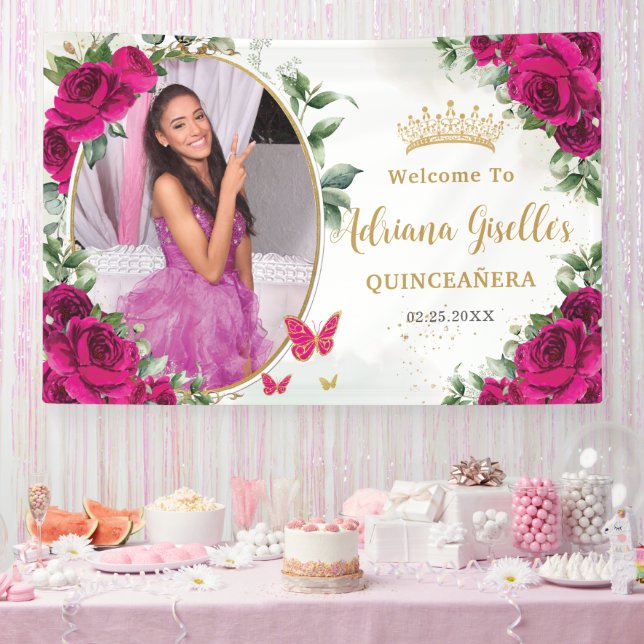 Fuchsia Hot Pink Roses Floral Quinceañera Photo Banner (Party)