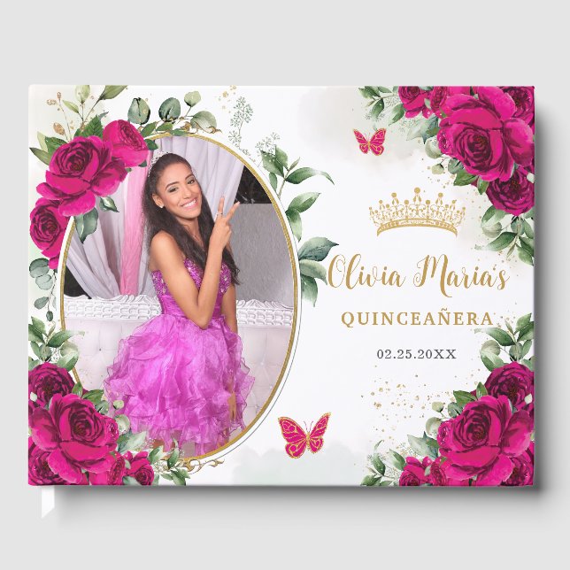 Fuchsia Hot Pink Roses Floral Quinceanera Photo Guest Book (Front)