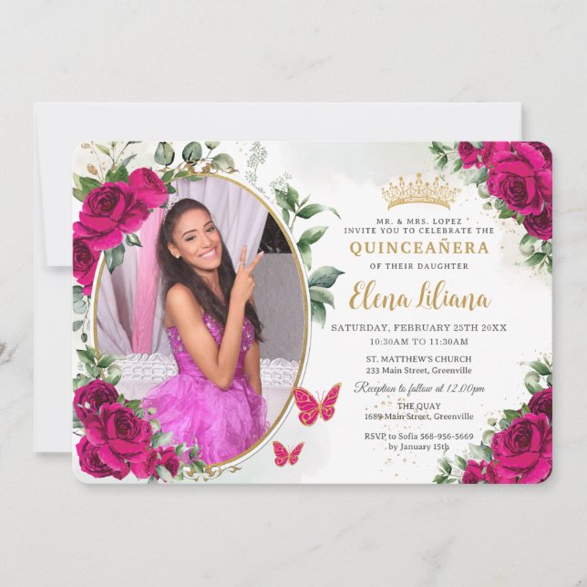 Fuchsia Hot Pink Roses Floral Quinceañera  Photo Invitation (Front)