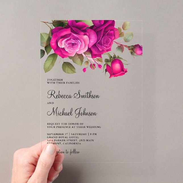 Fuchsia Hot Pink Roses Wedding Acrylic Invitations (Insitu (Handheld))