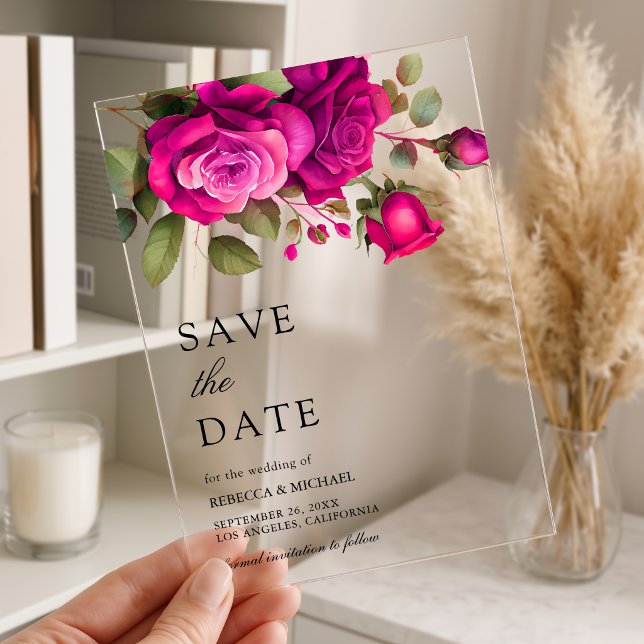 Fuchsia Hot Pink Roses Wedding Save the Date Acrylic Invitations (Creator Uploaded)