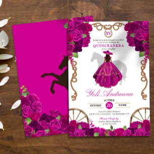Fuchsia Hot Pink Roses Western Charro Quinceañera Invitation