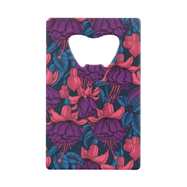 Fuchsia in blue and purple credit card bottle opener (Front)