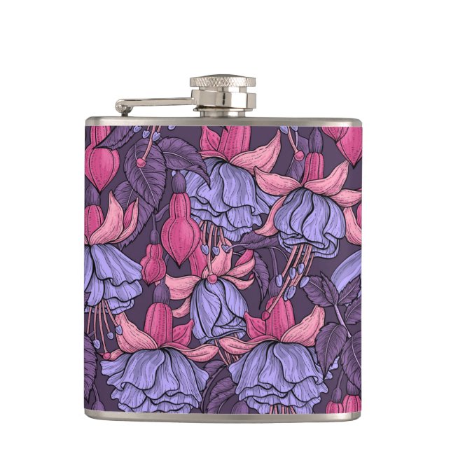 Fuchsia in pink and violet hip flask (Front)